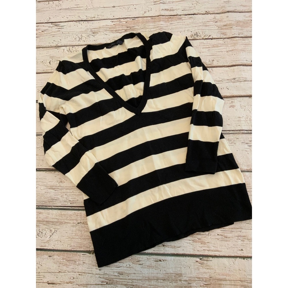 Context Womens Large V Neck Tunic Sweater Black White Striped Longline Y2K‎ Knit